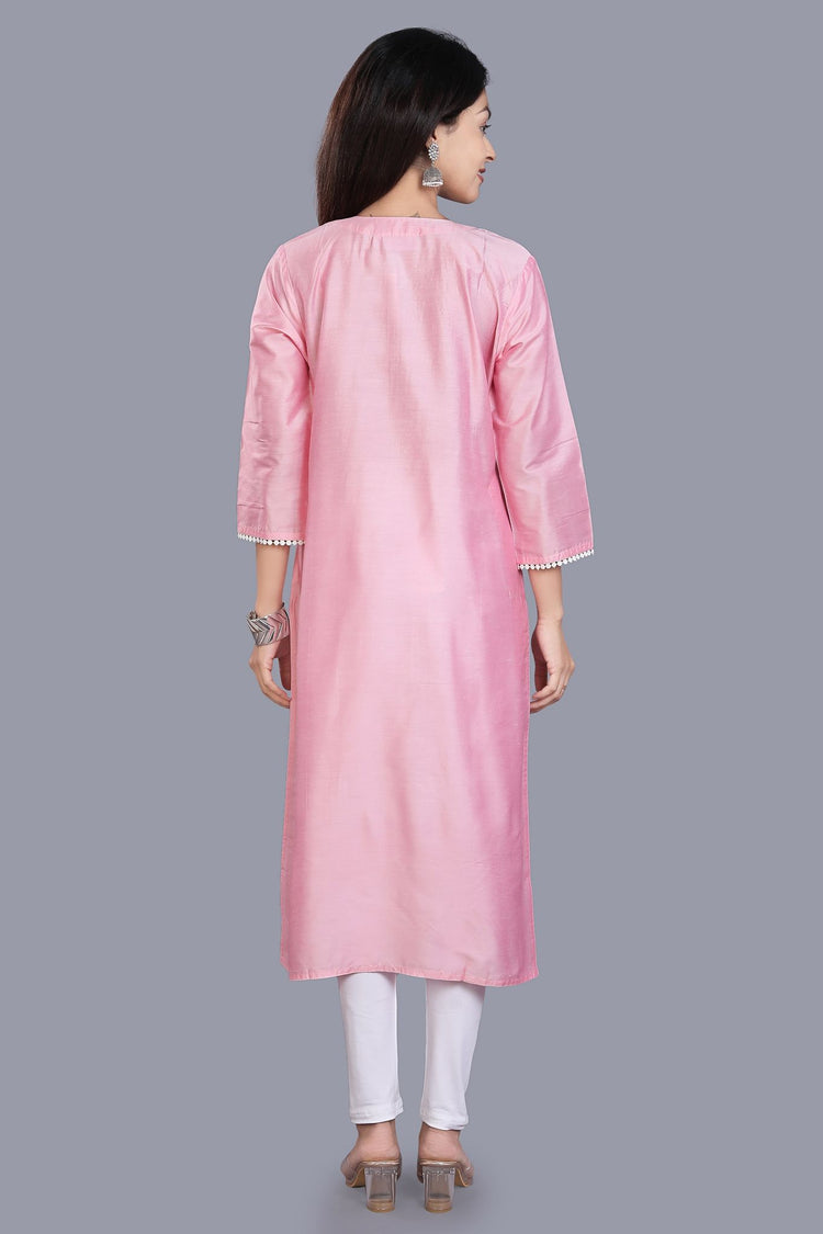 Feryal Pink Cotton Silk Embroidered Straight Kurti