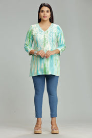 Firaki Teal Rayon Embroidered Short Kurti