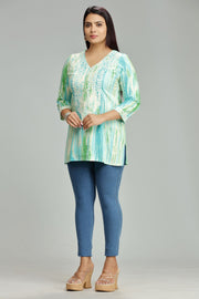 Firaki Teal Rayon Embroidered Short Kurti