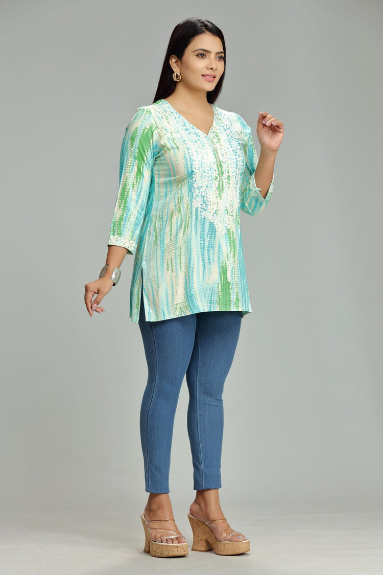 Firaki Teal Rayon Embroidered Short Kurti