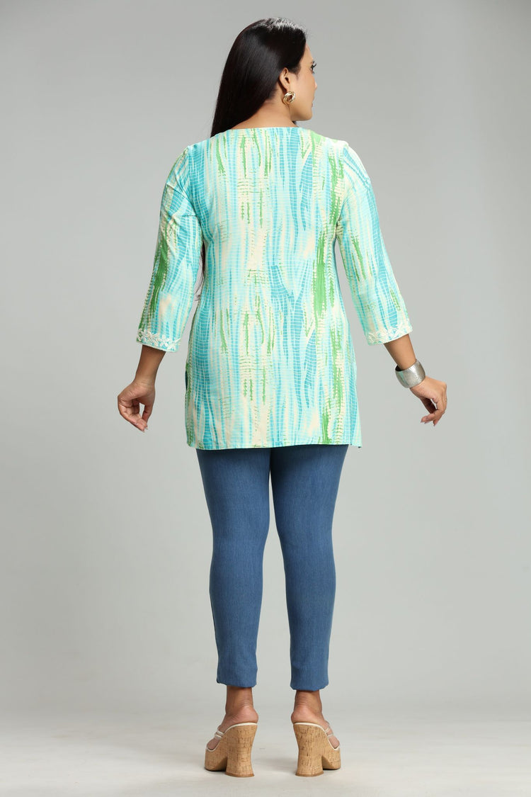 Firaki Teal Rayon Embroidered Short Kurti