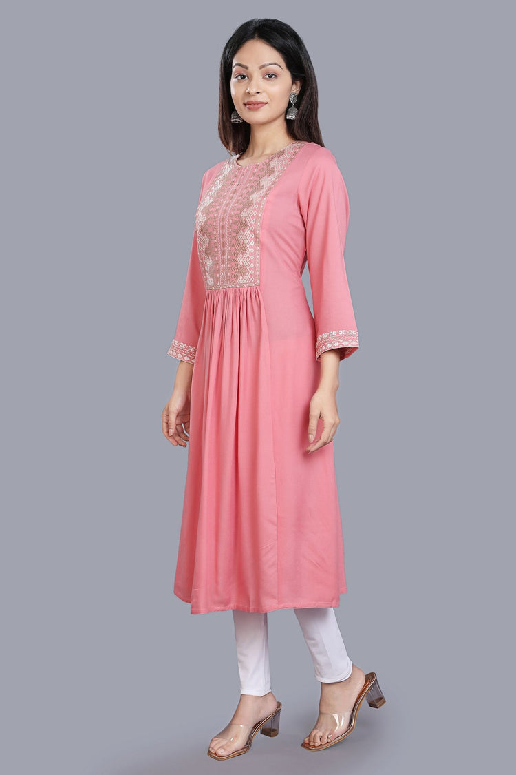 Firdaus Pink Rayon Embroidered A-Line Kurta