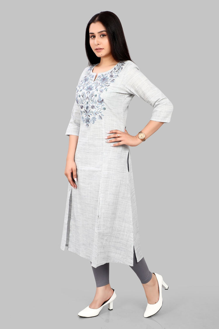 Foziah 2 Gray Cotton Embroidered A-Line Kurta