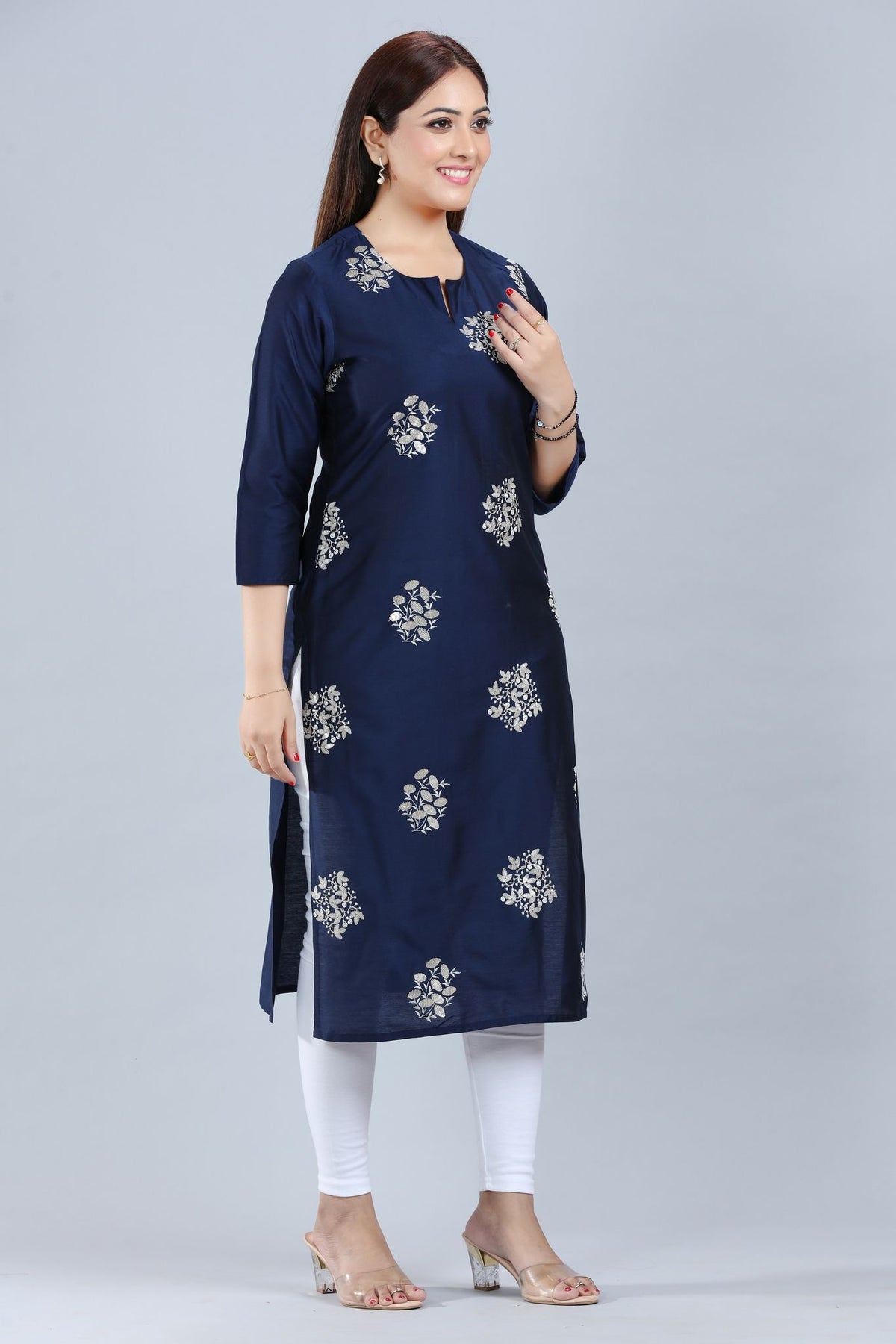 Genelia Navy Blue Cotton Silk Embroidered Kurta