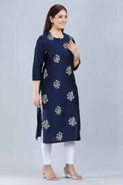 Genelia Navy Blue Cotton Silk Embroidered Kurta