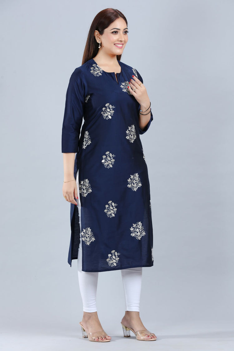 Genelia Navy Blue Cotton Silk Embroidered Kurta
