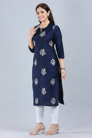 Genelia Navy Blue Cotton Silk Embroidered Kurta