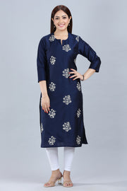 Genelia Navy Blue Cotton Silk Embroidered Kurta