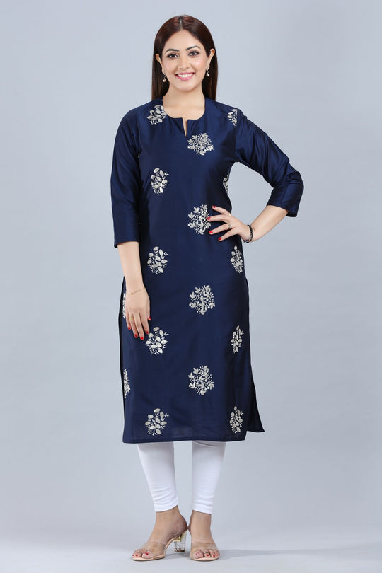 Genelia Navy Blue Cotton Silk Embroidered Kurta