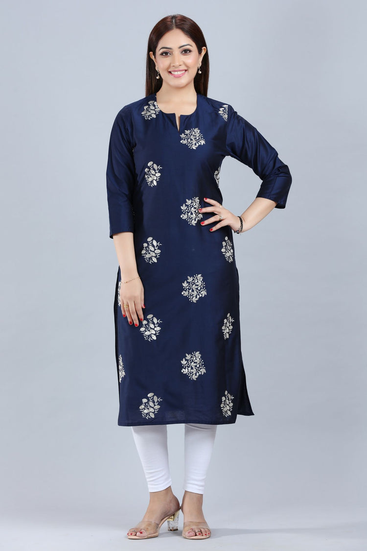 Genelia Navy Blue Cotton Silk Embroidered Kurta
