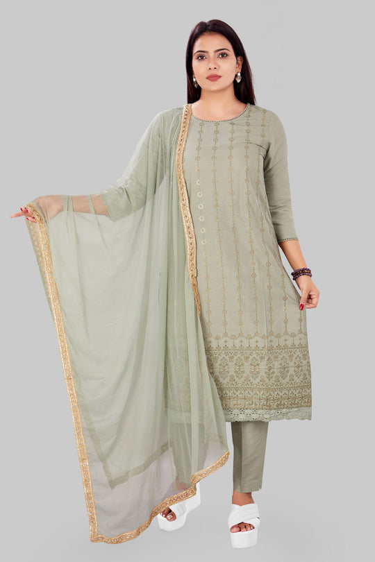 Ghazal Pista Green Cotton Silk Embroidered Suit Set