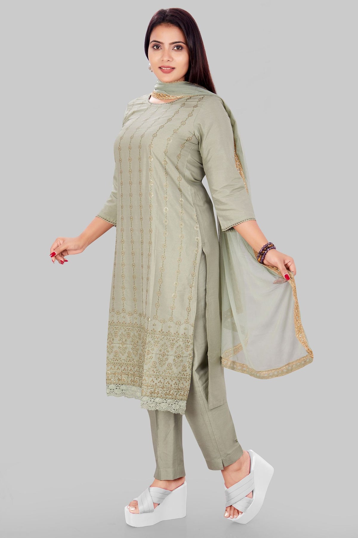 Ghazal Pista Green Cotton Silk Embroidered Suit Set