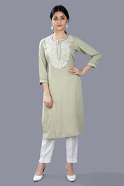 Gulya Pista Green Rayon Embroidered Straight Kurti