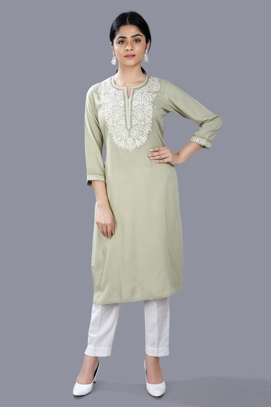 Gulya Pista Green Rayon Embroidered Straight Kurti