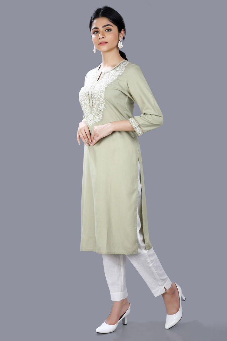 Gulya Pista Green Rayon Embroidered Straight Kurti