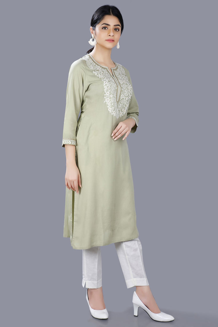 Gulya Pista Green Rayon Embroidered Straight Kurti