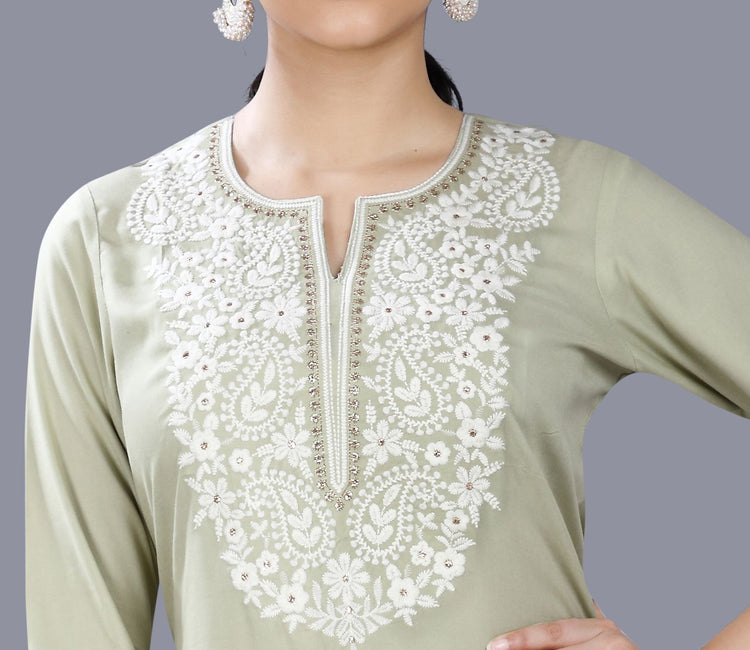 Gulya Pista Green Rayon Embroidered Straight Kurti
