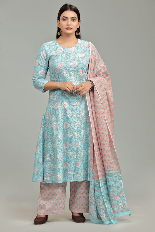 Gunesha Sky Blue Jaipuri Cotton Suit Set