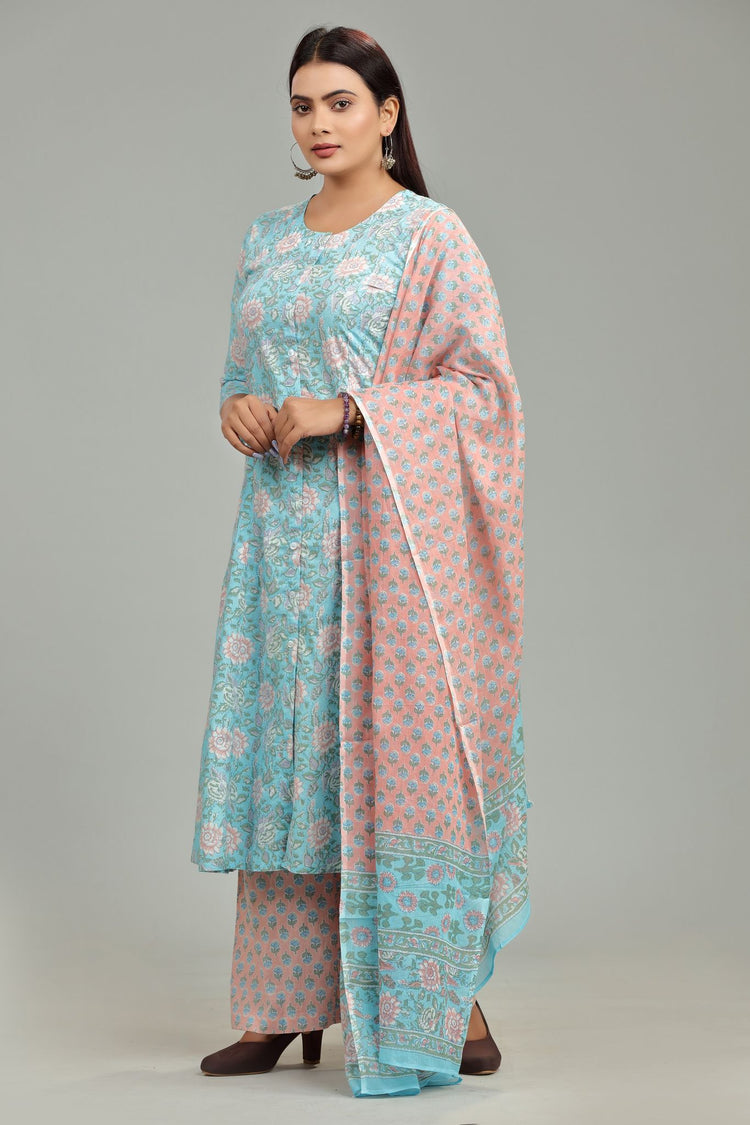 Gunesha Sky Blue Jaipuri Cotton Suit Set
