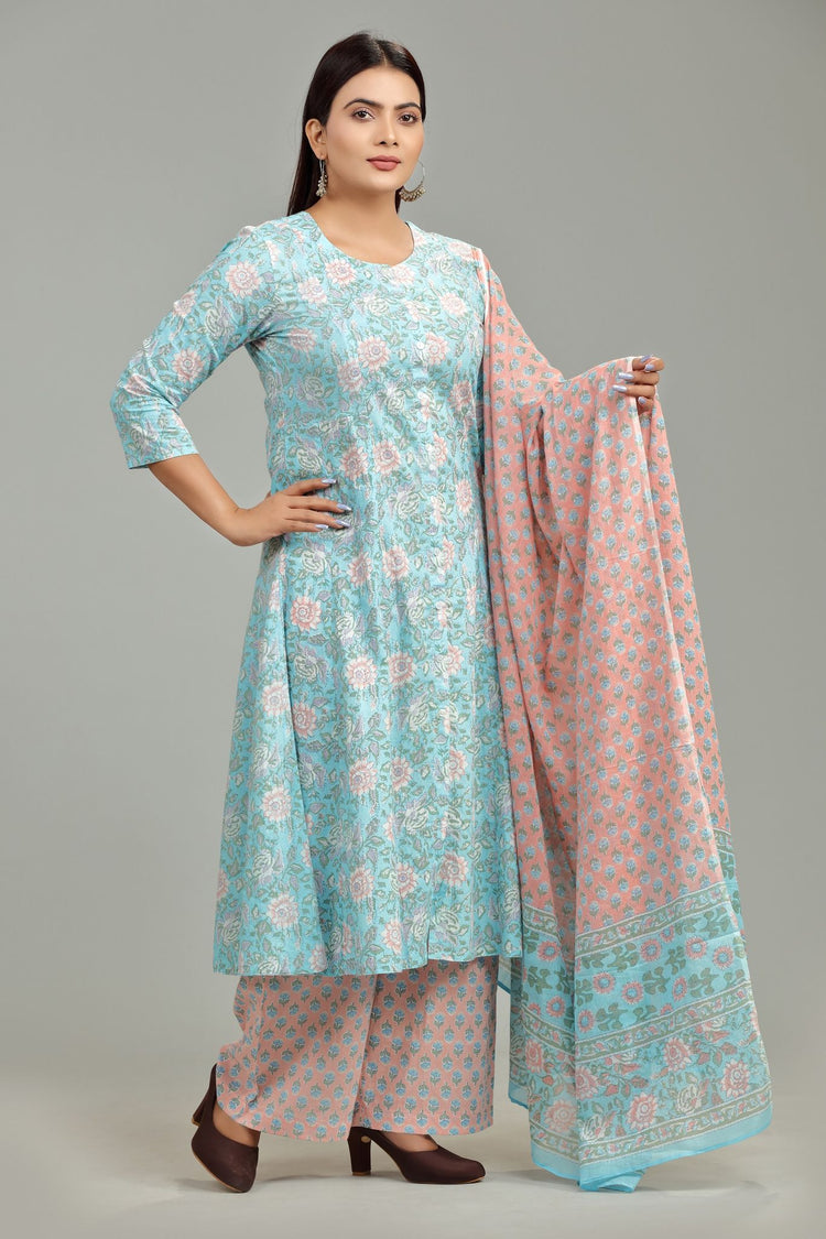 Gunesha Sky Blue Jaipuri Cotton Suit Set