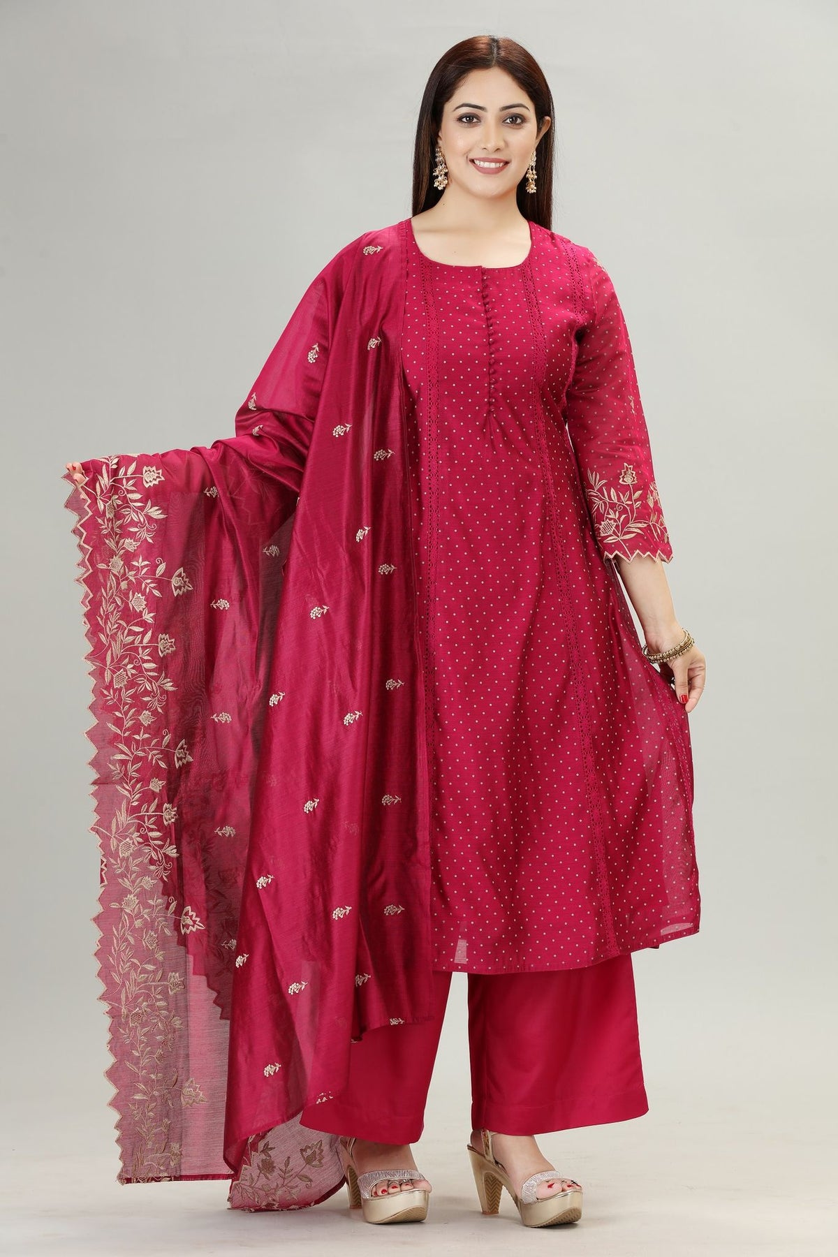 Hadiya Purple Chanderi Printed & Emb  A-Line Suit Set