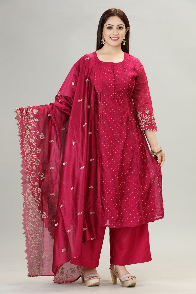 Hadiya Purple Chanderi Printed & Emb  A-Line Suit Set