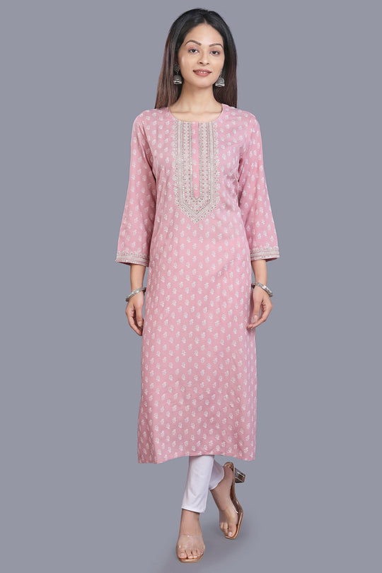 Hafeezah Baby Pink Rayon Embroidered Straight Kurtis