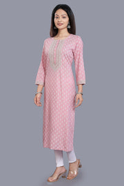 Hafeezah Baby Pink Rayon Embroidered Straight Kurtis