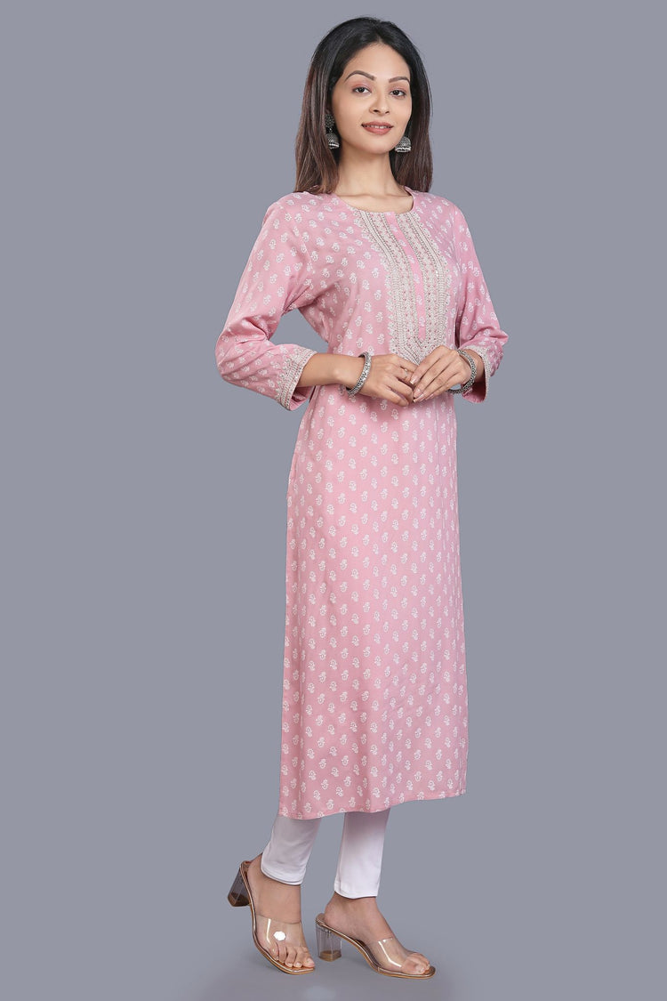 Hafeezah Baby Pink Rayon Embroidered Straight Kurtis