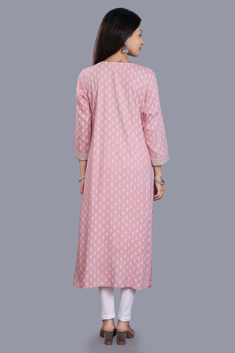 Hafeezah Baby Pink Rayon Embroidered Straight Kurtis