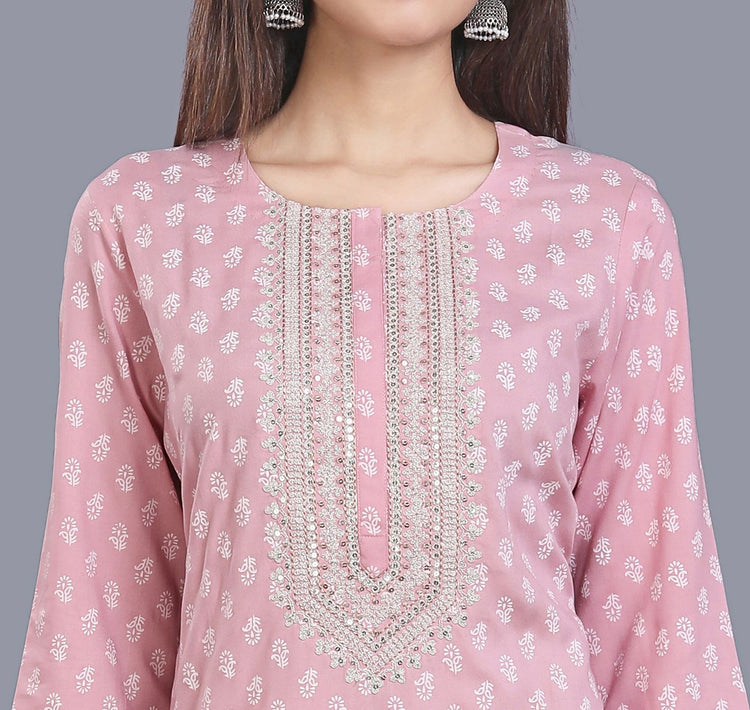 Hafeezah Baby Pink Rayon Embroidered Straight Kurtis