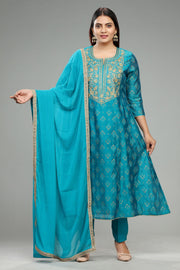 Haimi Teal Chanderi Embroidered Suit Set