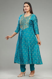 Haimi Teal Chanderi Embroidered Suit Set