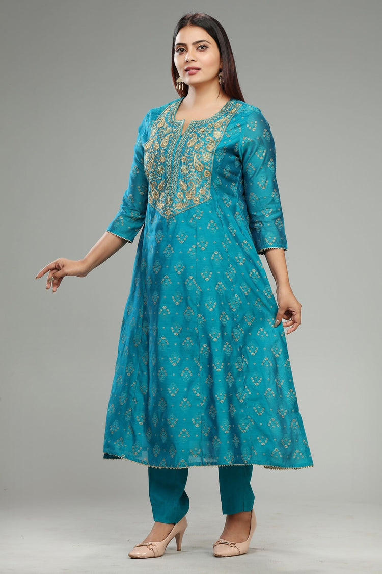 Haimi Teal Chanderi Embroidered Suit Set