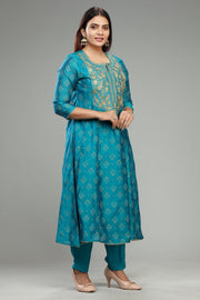 Haimi Teal Chanderi Embroidered Suit Set
