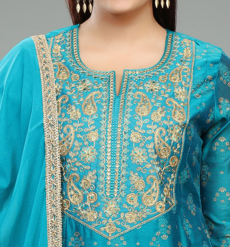 Haimi Teal Chanderi Embroidered Suit Set