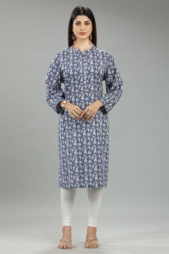 Haiya CC53 Off White & Blue Jaipuri Cotton Straight Kurta