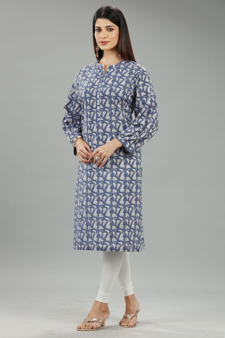 Haiya CC53 Off White & Blue Jaipuri Cotton Straight Kurta