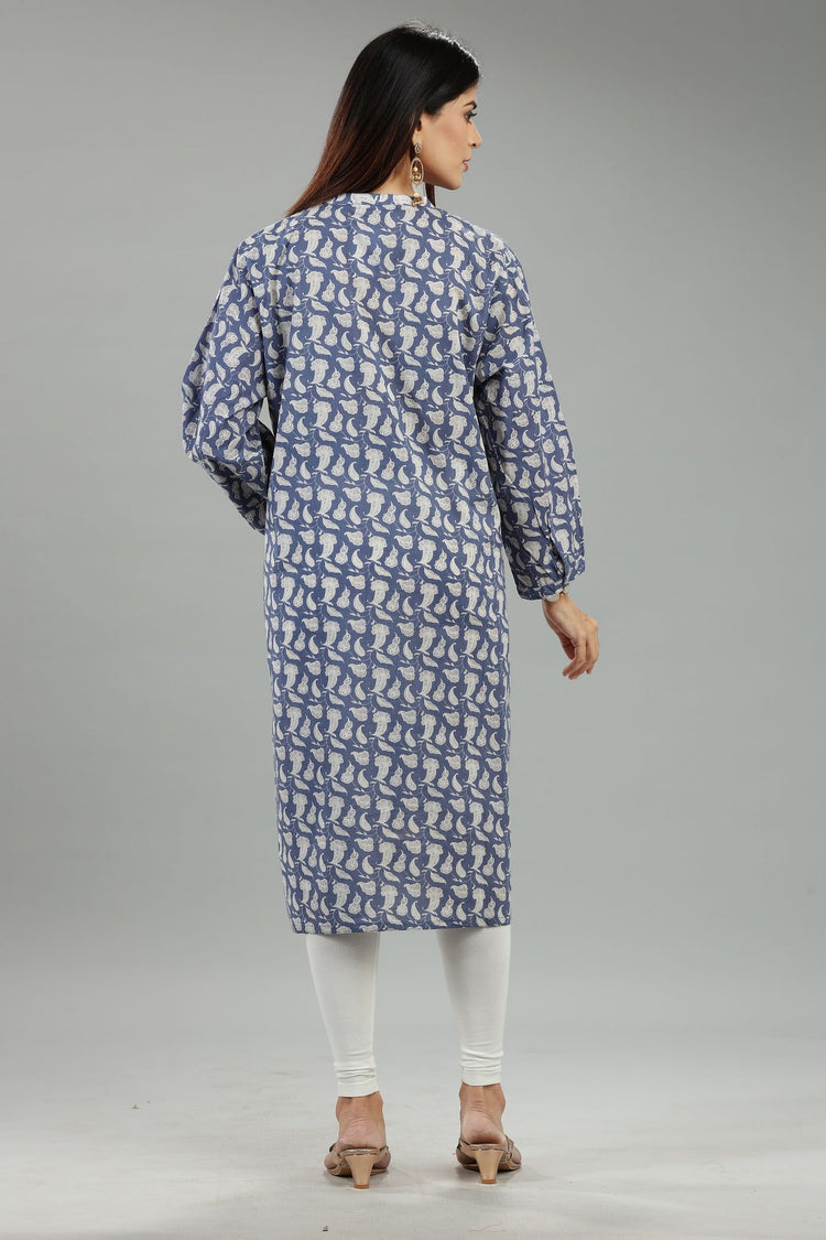 Haiya CC53 Off White & Blue Jaipuri Cotton Straight Kurta
