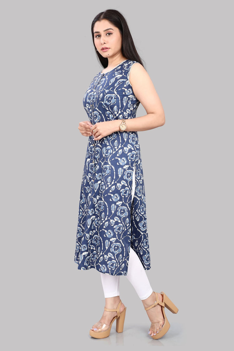 Hameedah Navy Blue Jaipuri Cotton Sleeves Kurti