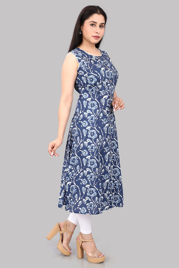 Hameedah Navy Blue Jaipuri Cotton Sleeves Kurti