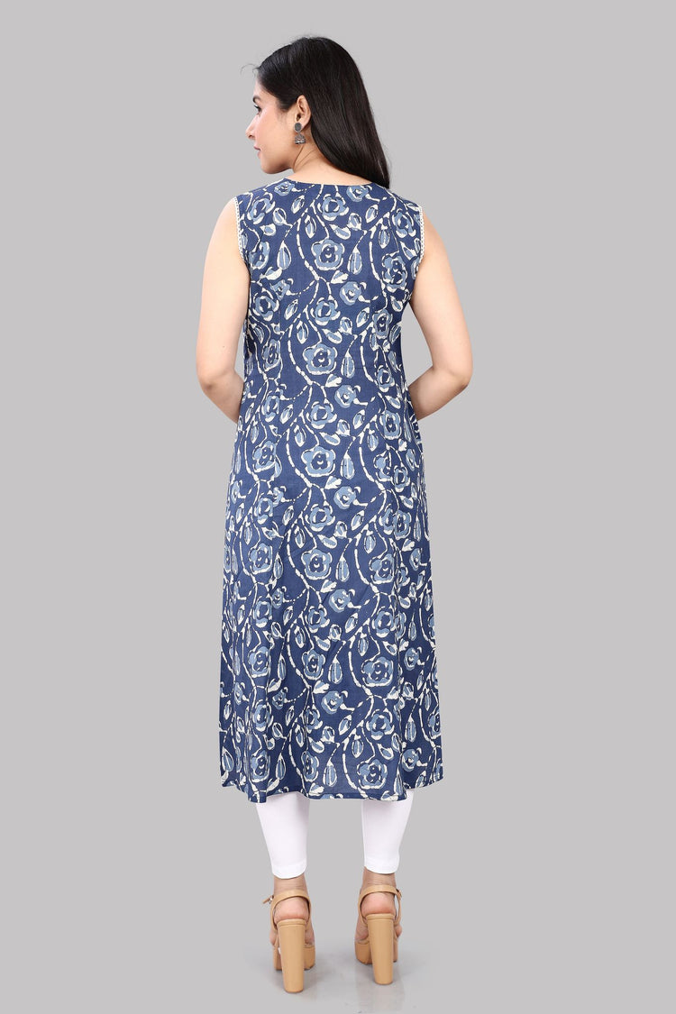 Hameedah Navy Blue Jaipuri Cotton Sleeves Kurti