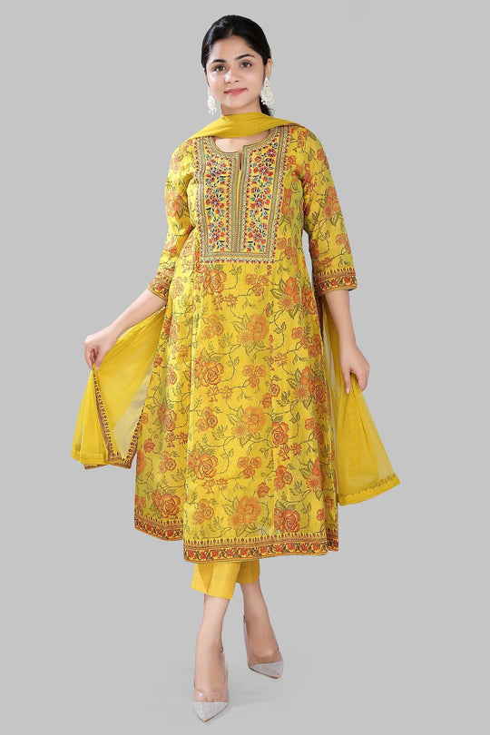 Hamisha Mustard Cotton Chanderi Embroidered Suit Set