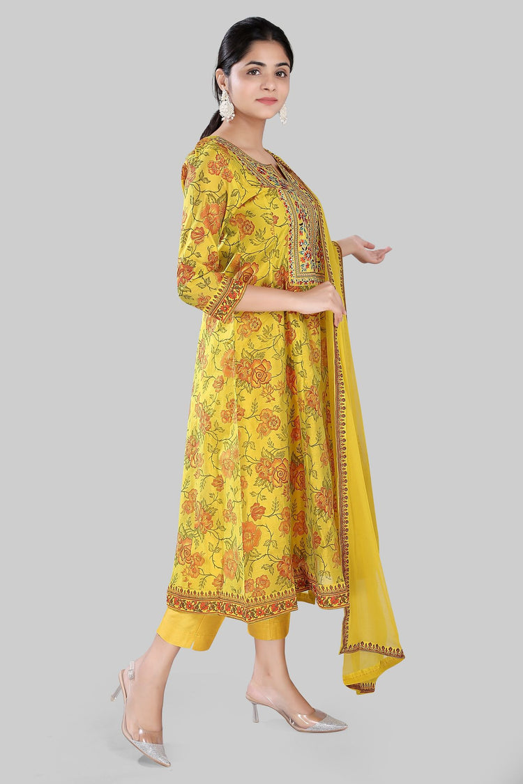 Hamisha Mustard Cotton Chanderi Embroidered Suit Set