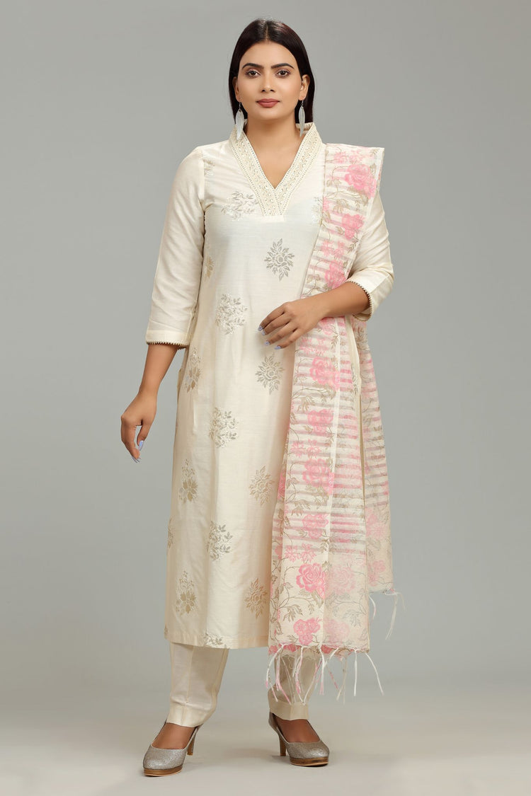 Hanika Cream Poly Silk Embroidered Suit Set