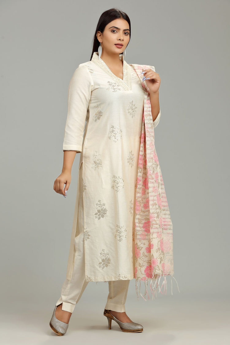 Hanika Cream Poly Silk Embroidered Suit Set