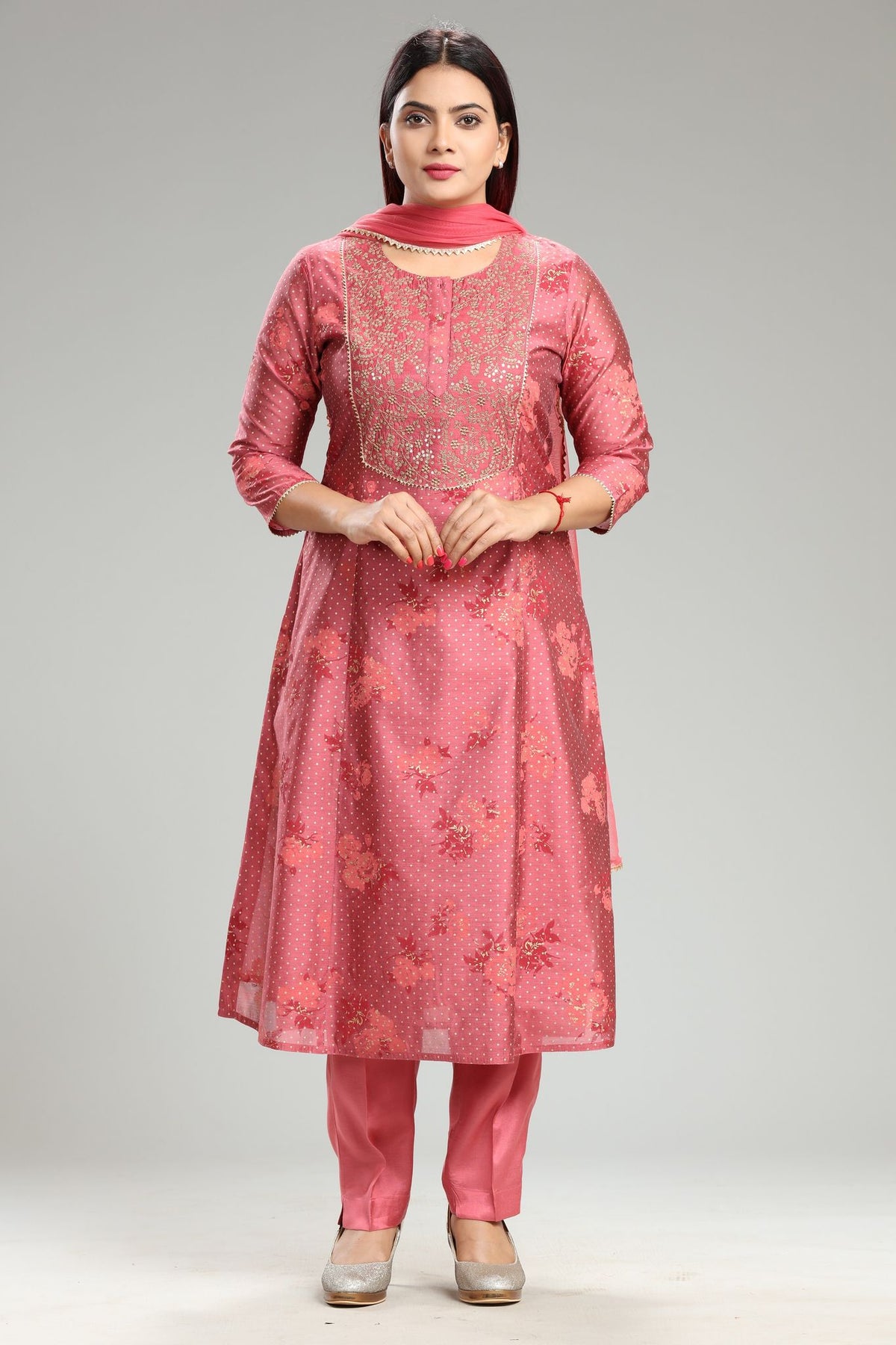 Harsha Peach Chanderi Embroidered Suit Set