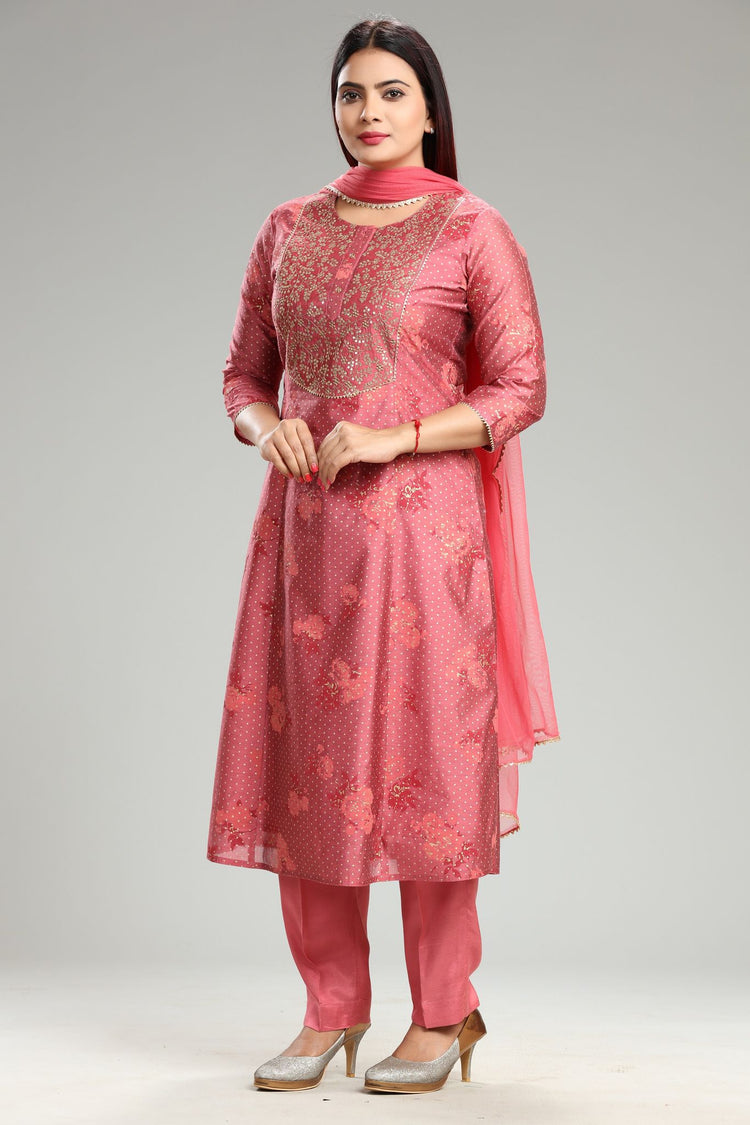 Harsha Peach Chanderi Embroidered Suit Set