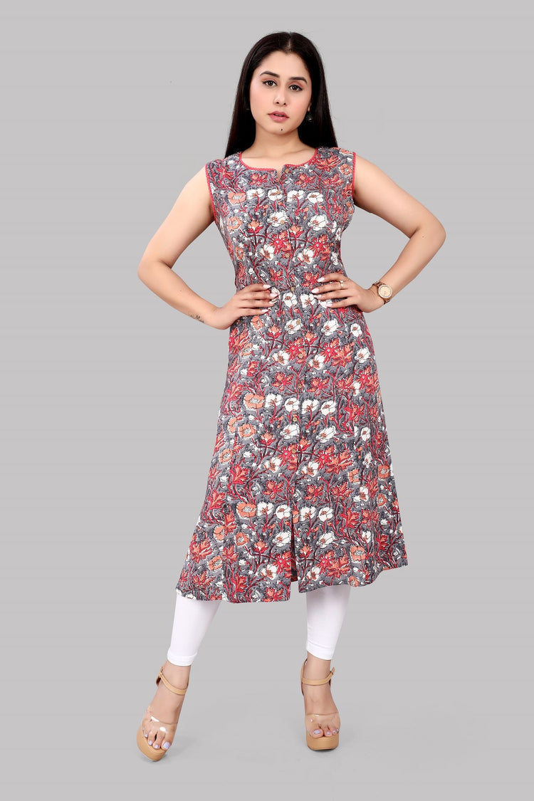 Haseena Gray & Off White Jaipuri Cotton Sleeveless Kurti