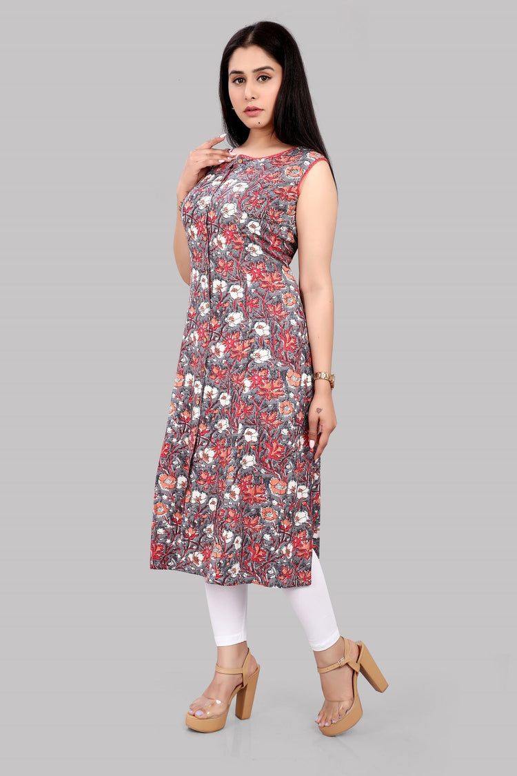 Haseena Gray & Off White Jaipuri Cotton Sleeveless Kurti